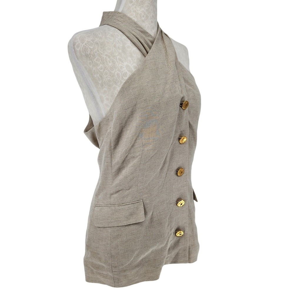 Donna Karan New York Linen Blend Halter Vest Top Beige Gold Button Size 16 NWT - Picture 2 of 8